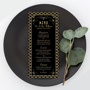 Vintages Déco-Gatsby-Hochzeitsmenü der 20er Jahre Werbekarte