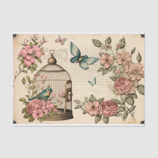 Vintages Decoupage Papier Pink Birdcage Schmetterl (Vorderseite)