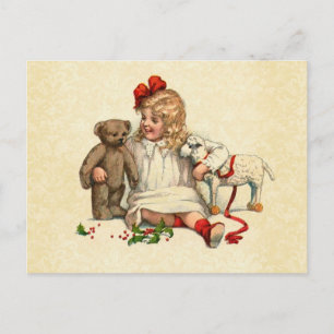 Vintages Design Kleines Mädchen mit antiken Spielz Postkarte