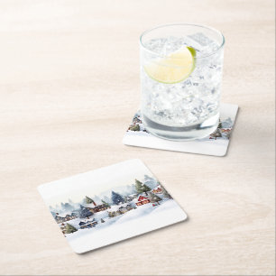 Vintages digitales Dorf an einem Weihnachtsfeierta Rechteckiger Pappuntersetzer