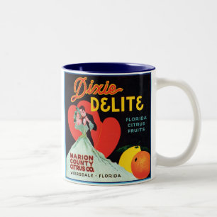 Vintages Dixie-Delite-Fruchtkratetikett Zweifarbige Tasse