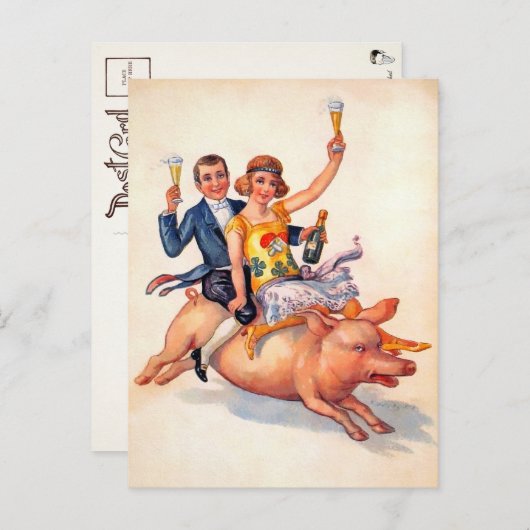 Vintages Drink Couple Riding Pig Postkarte (Vorne/Hinten)