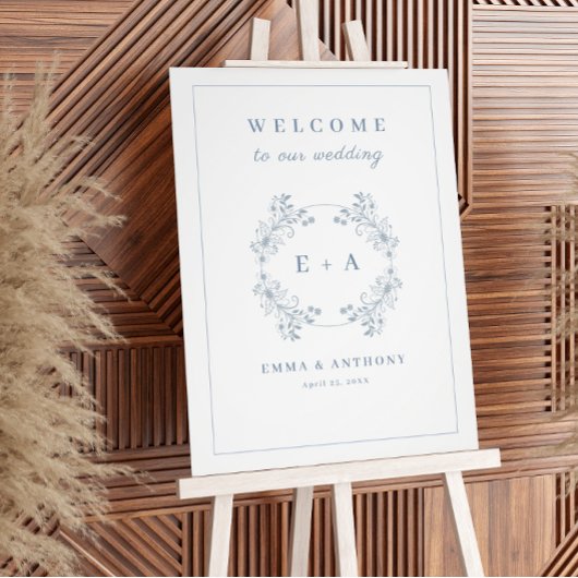 Vintages Dusty Blue Monogram Wedding Willkommensze Fotodruck