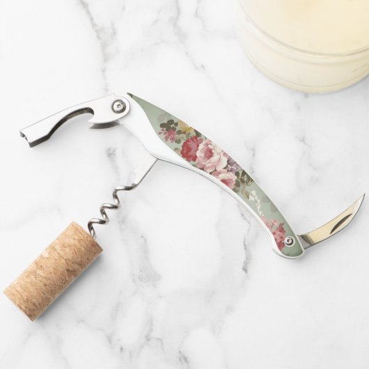 Vintages, dusty Olive Green Floral Design Kellnermesser (Vorderseite)