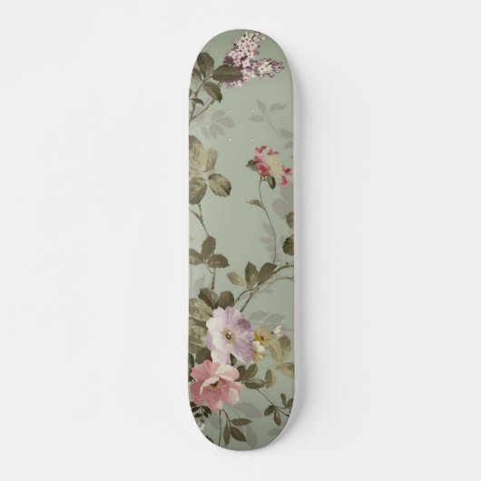 Vintages, dusty Olive Green Floral Design Skateboard (Vorne)