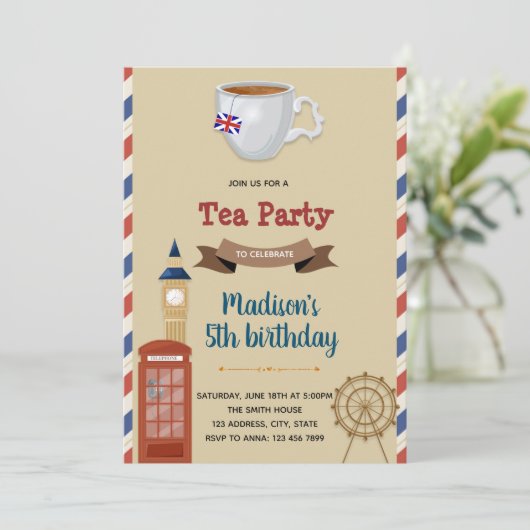 Vintages Einladungs-Tee-Party Einladung (Stehend Vorderseite)