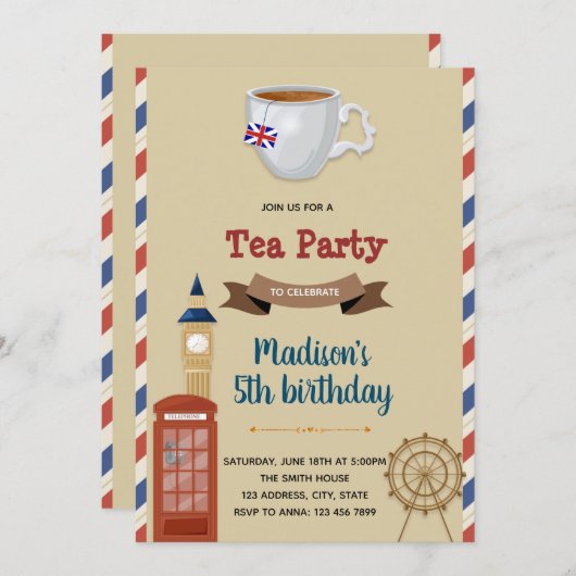 Vintages Einladungs-Tee-Party Einladung (Vorne/Hinten)
