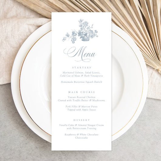 Vintages elegantes Bouquet in einem Korb Menükarte