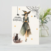 Vintages elegantes Hexenkatzen Gotisches Halloween Karte (Stehend Vorderseite)