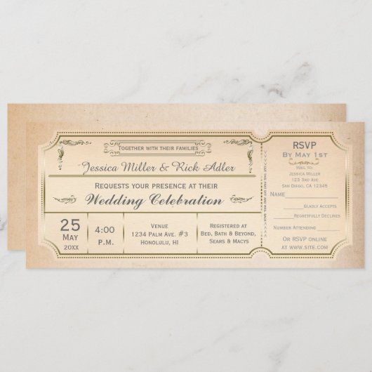 Vintages elegantes Hochzeitsticket Einladung mit U (Vorne/Hinten)
