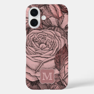 Vintages elegantes rosa Muster Monogramm iPhone 16 Hülle