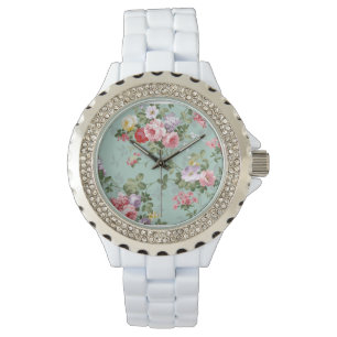 Vintages elegantes rosa rosa Rosenmuster Armbanduhr