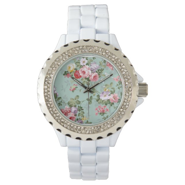 Vintages elegantes rosa rosa Rosenmuster Armbanduhr (Vorderseite)