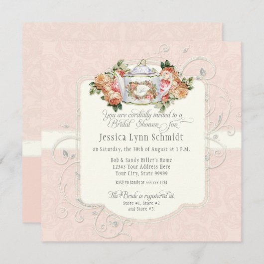 Vintages Elegantes Schwarzes Rose Brautparty Einladung (Vorne/Hinten)