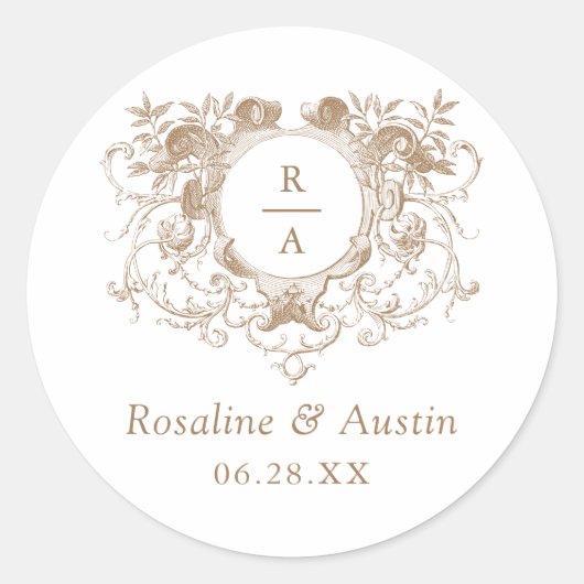Vintages elegantes Wappen mit Blumenblättern Hochz Runder Aufkleber (Vorderseite)