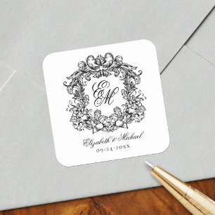 Vintages elegantes Wedding Monogram Wappen Quadratischer Aufkleber