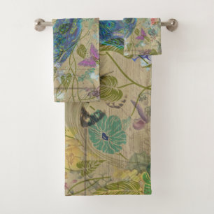 Vintages Elfenbein-grün-blaue rosa Pfau-Collage Badhandtuch Set