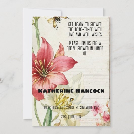 Vintages Ephemera Amaryllis Brautparty Einladung (Vorderseite)