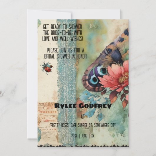 Vintages Ephemera Blue Butterfly Brautparty Einladung (Vorderseite)