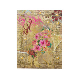 Vintages Ephemera Pink Floral Gold Pearls Monogram Notizblock