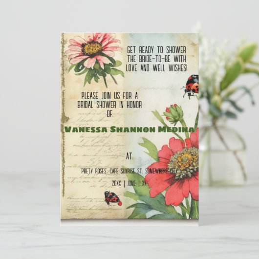 Vintages Ephemera Red Zinnias Brautparty Einladung (Stehend Vorderseite)