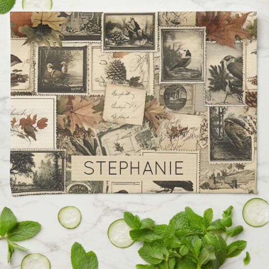 Vintages Ephemerollage | Rustikale Vögel (2) Geschirrtuch (Gefaltet)