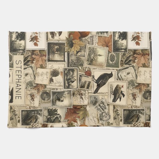 Vintages Ephemerollage | Rustikale Vögel (2) Geschirrtuch (Horizontal)