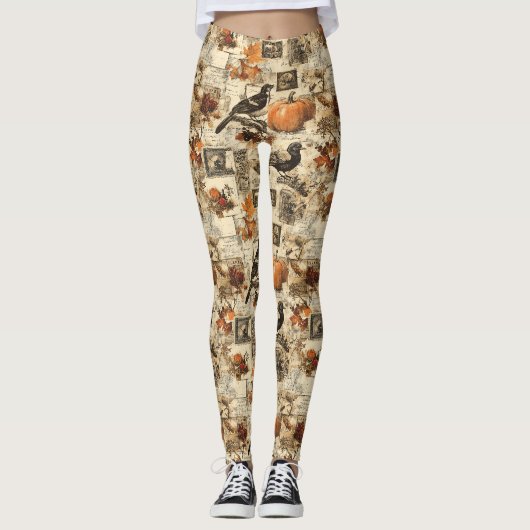 Vintages Ephemerollage | Rustikale Vögel Leggings (Vorderseite)