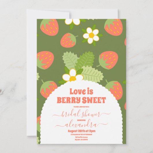 Vintages Erdbeeren und Grünes Brautparty Einladung (Vorderseite)