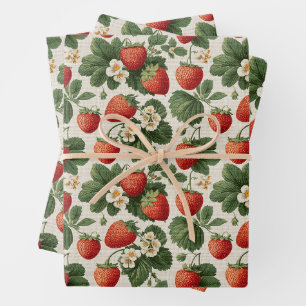 Vintages Erdbeermuster mit Blüten Geschenkpapier Set