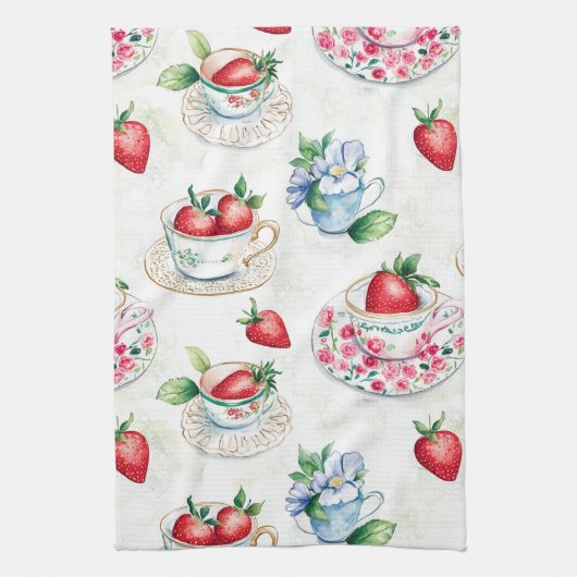 Vintages Erdbeermuster Teacup Blumenmuster Geschirrtuch (Vertikal)