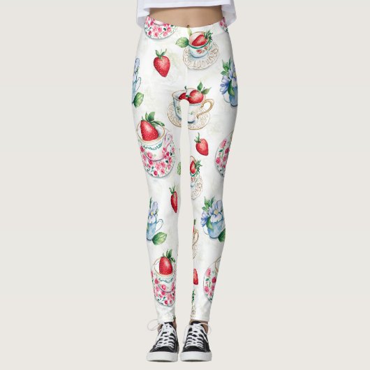 Vintages Erdbeermuster Teacup Blumenmuster Leggings (Vorderseite)
