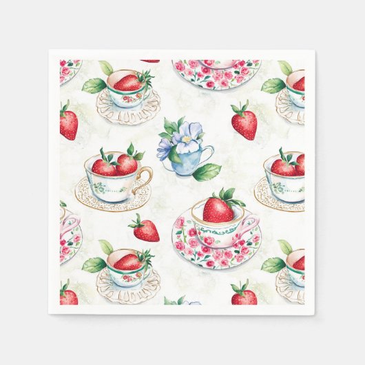 Vintages Erdbeermuster Teacup Blumenmuster Serviette (Vorderseite)