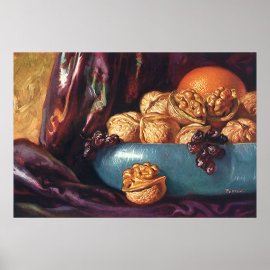 Vintages Essen, Walnüsse und Obst in einer Blauen  Poster (Vorne)