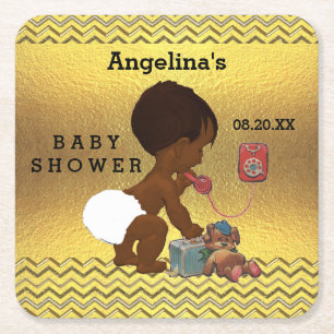 Vintages ethnisches Baby auf Telefon-Goldsparren Rechteckiger Pappuntersetzer