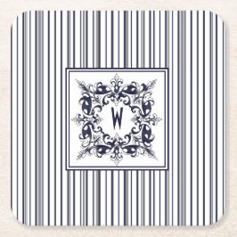 Vintages Etikett und Monogramm für Navy Blue Strip Rechteckiger Pappuntersetzer