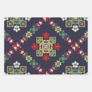 Vintages europäisches Folklore-Kunststickermuster Geschenkpapier Set