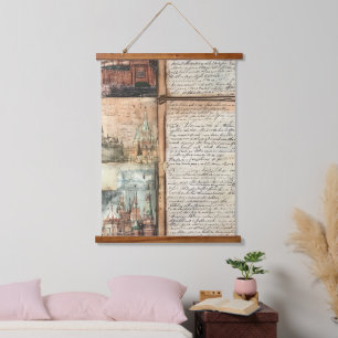 Vintages europäisches Stadtbild mit antiker Schrif Wandteppich Mit Holzrahmen