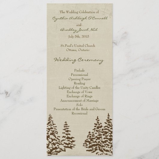 Vintages Evergreen-Hochzeitsprogramm Programm (Vorderseite)