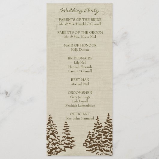 Vintages Evergreen-Hochzeitsprogramm Programm (Rückseite)