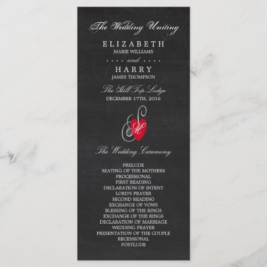 Vintages Extravagantes Herz - Chalkboard Wedding Programm (Vorderseite)