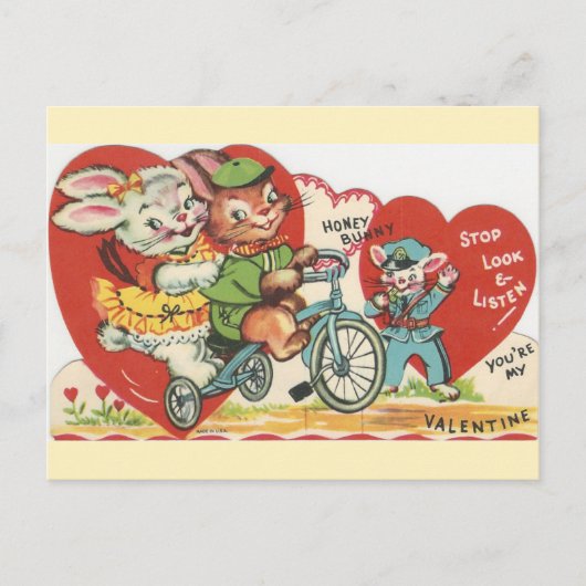 Vintages Fahrrad Bunnies Valentine Feiertagspostkarte (Vorderseite)
