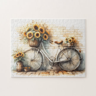 Vintages Fahrrad mit Aquarellblumen Puzzle