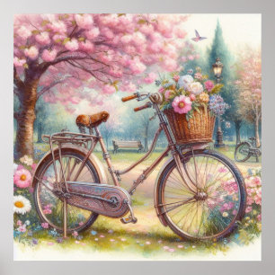 Vintages Fahrrad mit Blume im Park Aquarell Poster