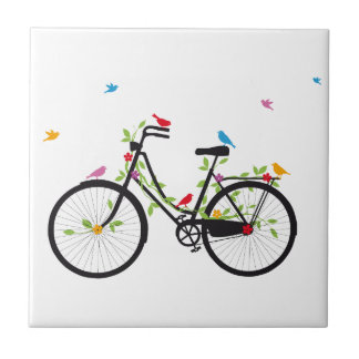 Vintages Fahrrad mit Blume und Vögeln Fliese