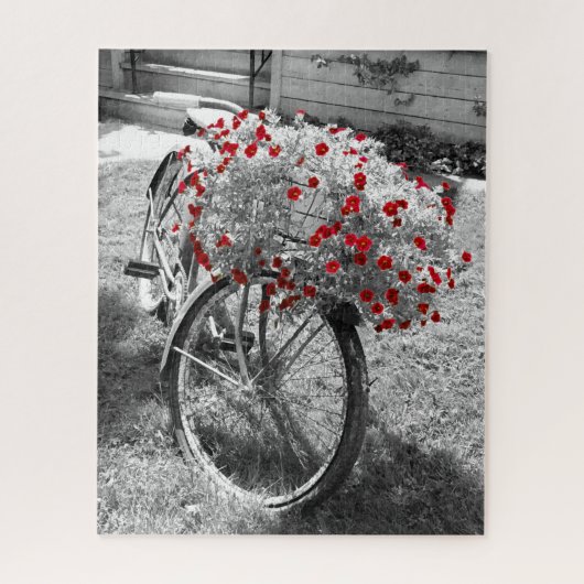 Vintages Fahrrad Red Geranium Blume Ländliches Fot Puzzle (Vertikal)