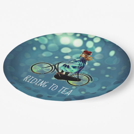 Vintages Fahrradmädchen - Ausflug zum Tee Pappteller (Schrägansicht)
