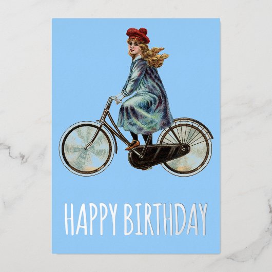 Vintages Fahrradmädchen - Geburtstag Folien Feiertagskarte (Vorderseite)