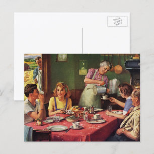 Vintages Familienfrühstück in der Küche Postkarte