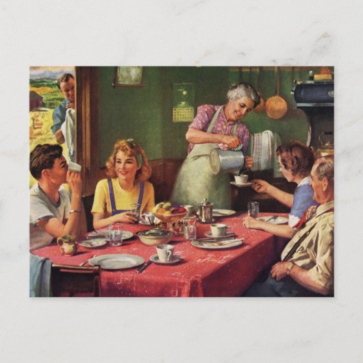 Vintages Familienfrühstück in der Küche Postkarte (Vorderseite)